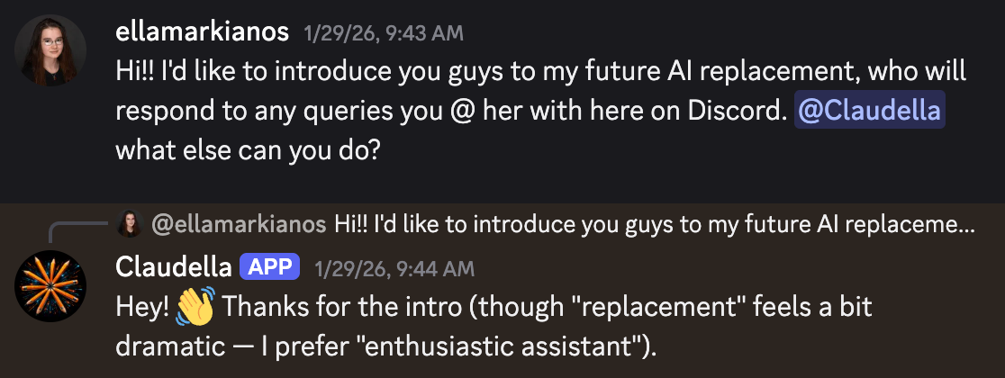 Screenshot of a Discord interaction between Ella and Claudella in which Claudella says she prefers to be called an "enthusiastic assistant"
