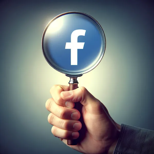 A hand holds a magnifying glass over the Facebook logo. (DALL-E)