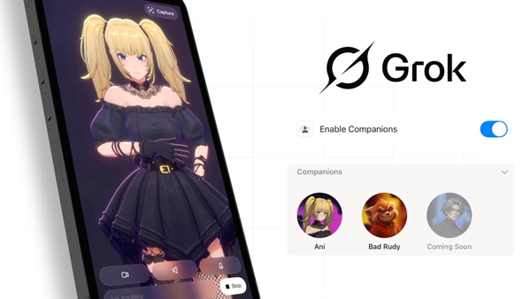 A screenshot of Ani on a smartphone next to the Grok logo and shots of the other companions