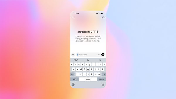 The GPT-5 user interface shown on a smartphone layout, against a gradient backdrop.