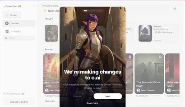 A pop-up overlaid on Character.AI's home page says "We're making changes to c.ai."