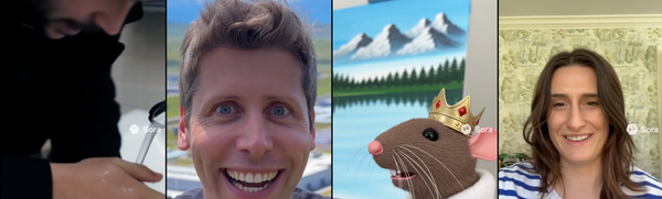 Screenshot of four Sora clips, one including the likeness of Sam Altman.