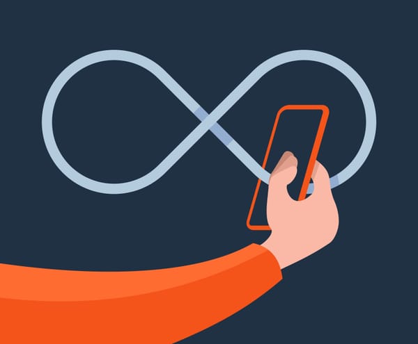 Illustration of a hand holding a smartphone with an orange border with a blue infinity symbol resembling the Meta logo looping through it