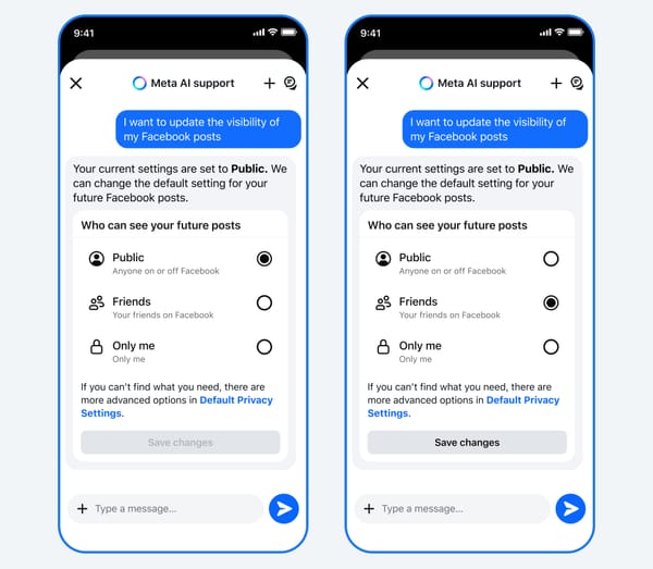 paired screenshots of the bot in Facebook, with a user asking to "update the visibility of my Facebook posts"